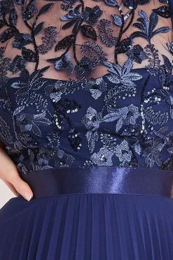 Midi Dresses^* Embroidered Top Chiffon Pleated Midi Navy