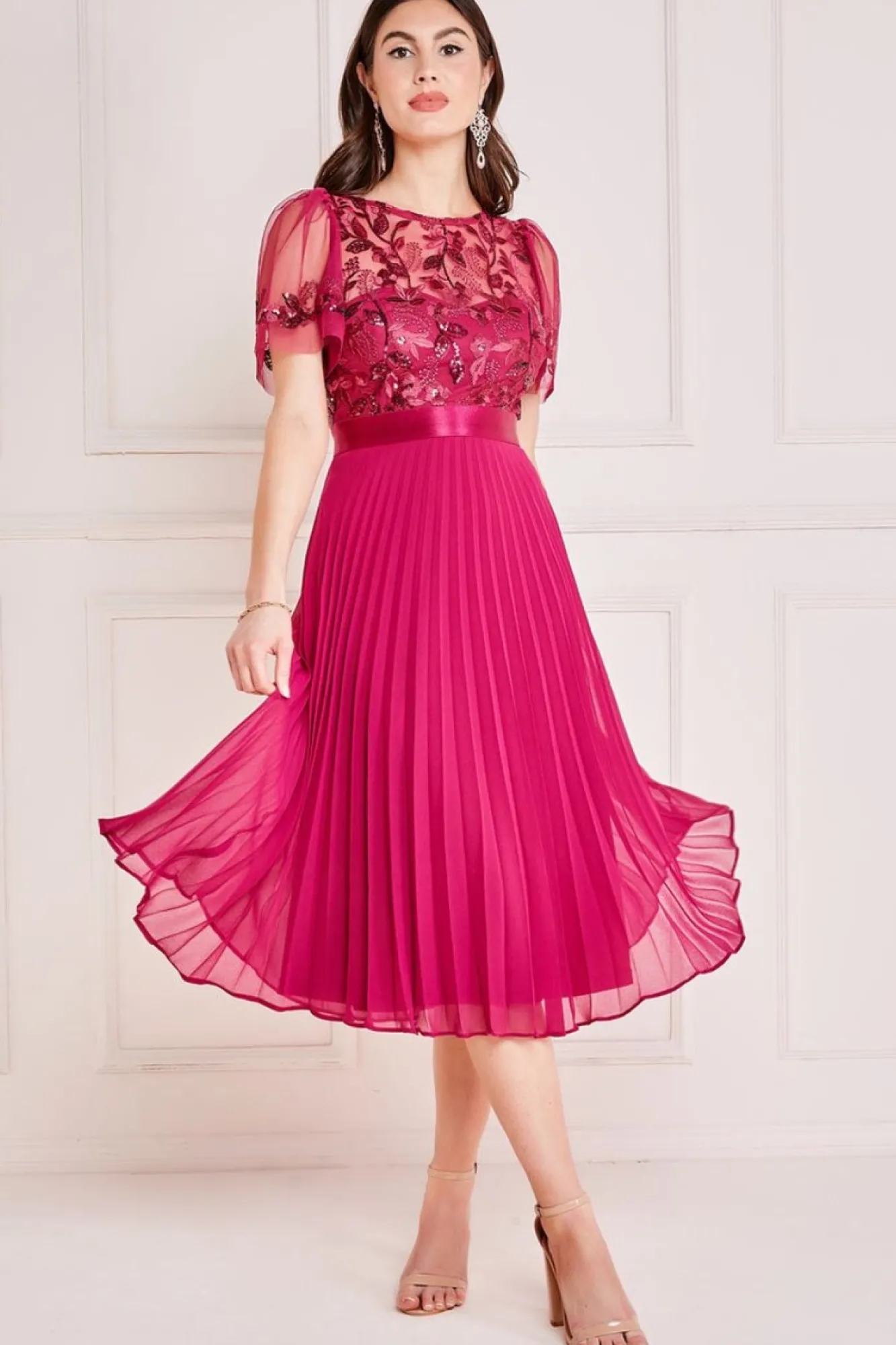 Midi Dresses^* Embroidered Top Chiffon Pleated Midi Magenta
