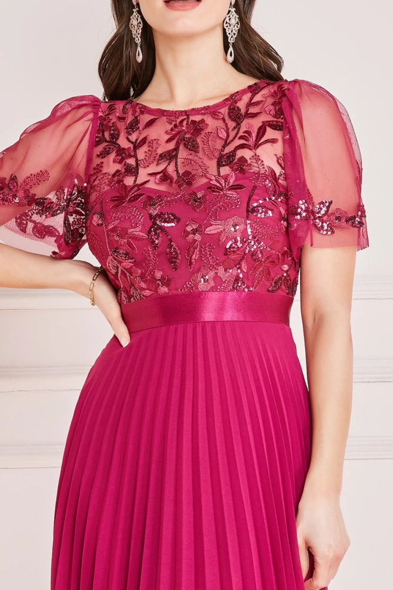 Midi Dresses^* Embroidered Top Chiffon Pleated Midi Magenta