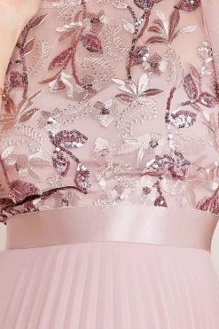 Midi Dresses^* Embroidered Top Chiffon Pleated Midi Blush