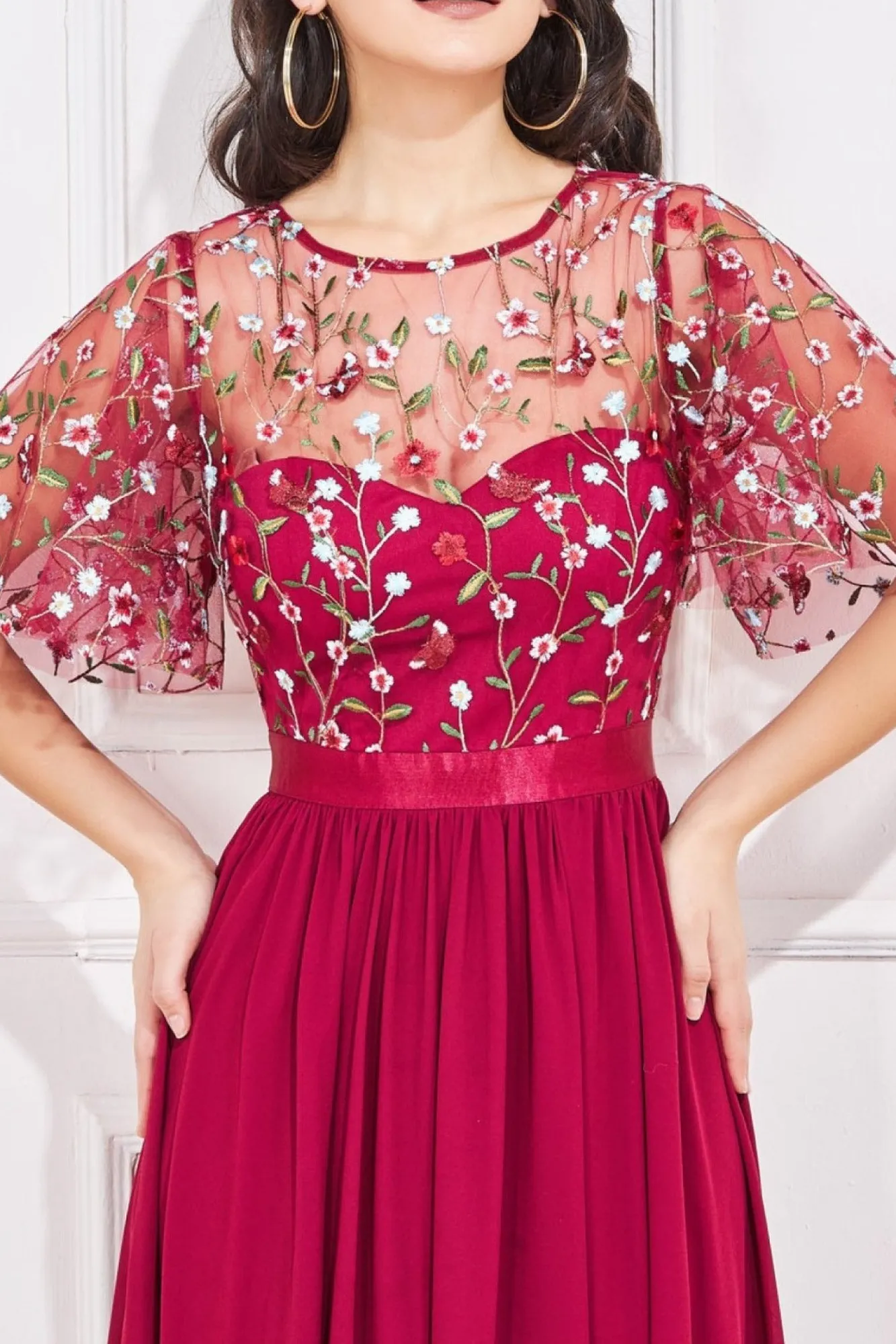 Maxi Dresses^* Embroidered Top Flutter Sleeve Maxi Burgundy