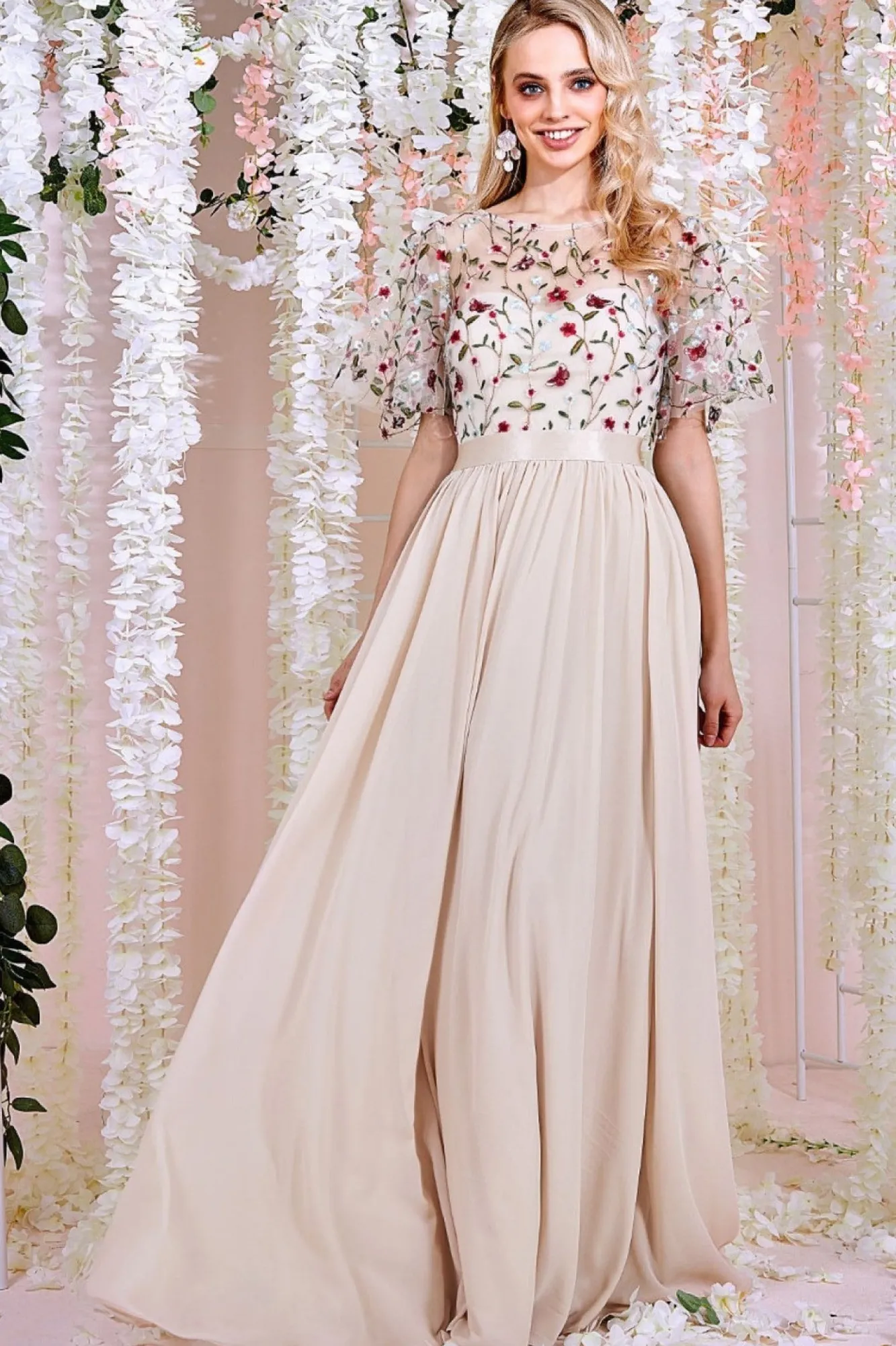 Maxi Dresses^* Embroidered Top Flutter Sleeve Maxi Ivory