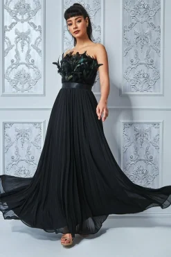 Maxi Dresses^* Feather Off The Shoulder Pleated Evening Black