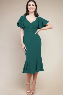 Midi Dresses^* Flared Sleeve Front Wrap Midi Dress Emerald Green