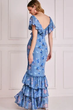 Maxi Dresses^* Floral Printed Chiffon Ruffle Maxi Blue
