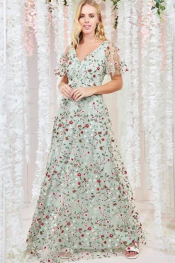 Maxi Dresses^* Flutter Sleeve Floral Embroidered Maxi Sagegreen