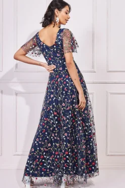 Maxi Dresses^* Flutter Sleeve Floral Embroidered Maxi Navy