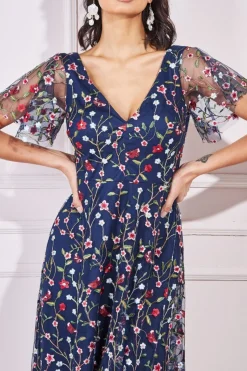 Maxi Dresses^* Flutter Sleeve Floral Embroidered Maxi Navy