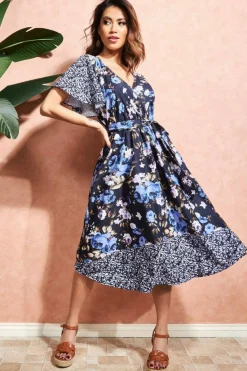 Midi Dresses^* Flutter Sleeve Printed Midi Dress - Navy Print Navyprint