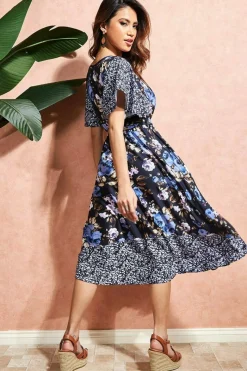 Midi Dresses^* Flutter Sleeve Printed Midi Dress - Navy Print Navyprint