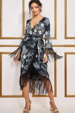Midi Dresses^* Foil Print Wrap Midi With Tassels Black