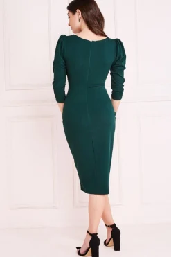 Midi Dresses^* Front Wrap Pleated Scuba Midi Dress Green Emerald