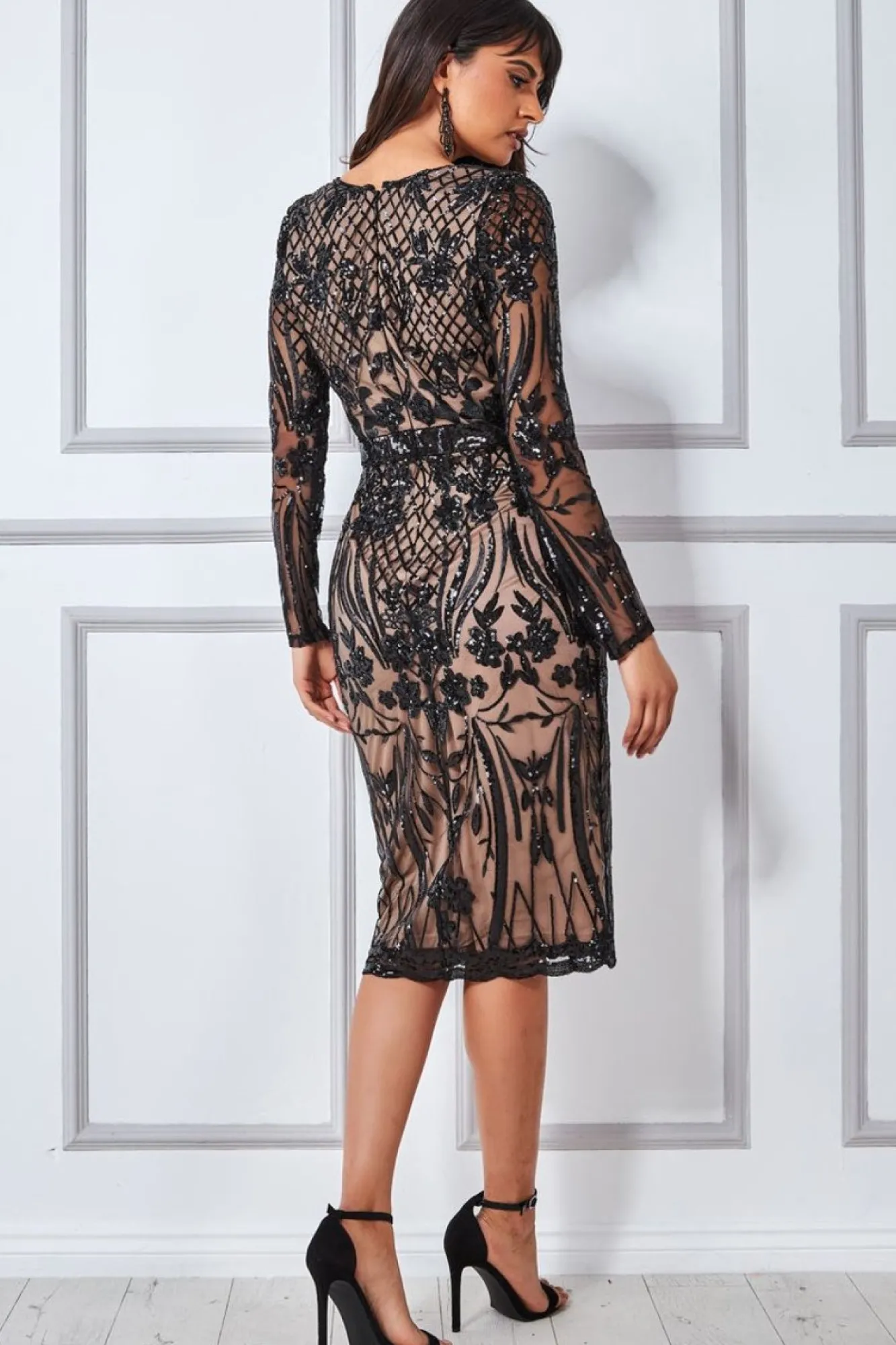 Midi Dresses^* Full Sleeve Sequin Midi Dress Black