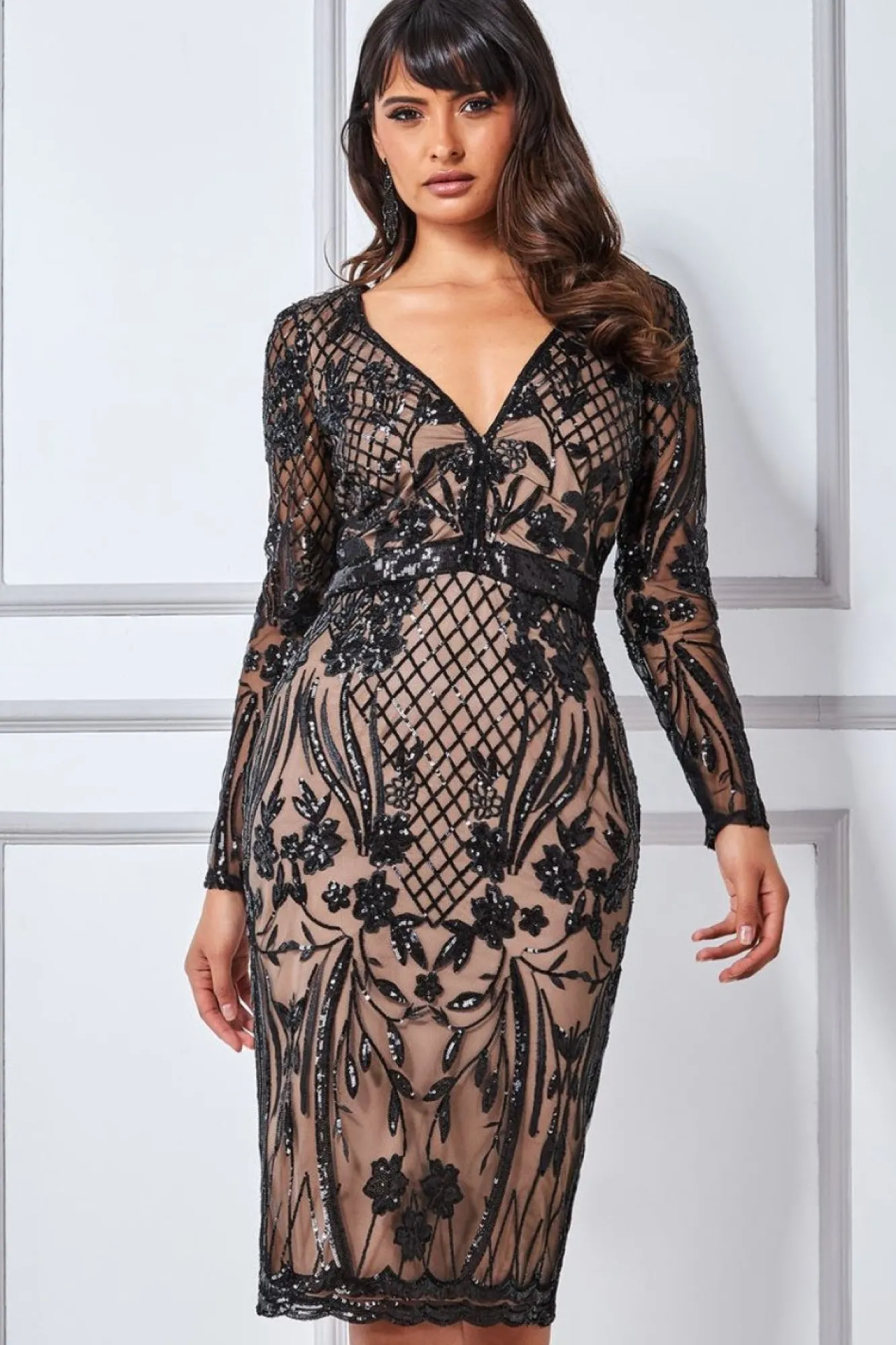 Midi Dresses^* Full Sleeve Sequin Midi Dress Black