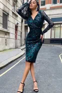 Midi Dresses^* Full Sleeve Sequin Midi Dress Green Emerald