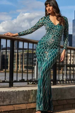 Maxi Dresses^* Geo Sequin Long Sleeve Maxi Dress Emerald
