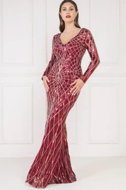 Maxi Dresses^* Geo Sequin Long Sleeve Maxi Dress Wine