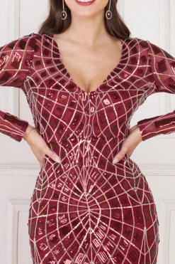 Maxi Dresses^* Geo Sequin Long Sleeve Maxi Dress Wine