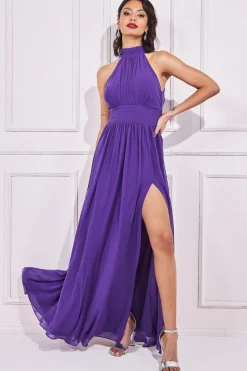 Maxi Dresses^* Halterneck Chiffon Maxi With Thigh Split Purple