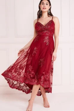 Midi Dresses^* High Low Scalloped Midi Dress Burgundy