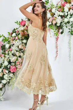 Midi Dresses^* High Low Scalloped Midi Dress Gold