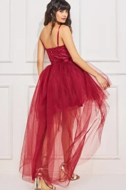 Midi Dresses^* High Low Tulle Midi With Lace Bodice Wine