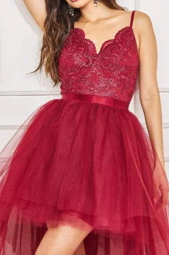 Midi Dresses^* High Low Tulle Midi With Lace Bodice Wine