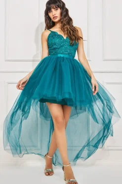 Midi Dresses^* High Low Tulle Midi With Lace Bodice Emerald