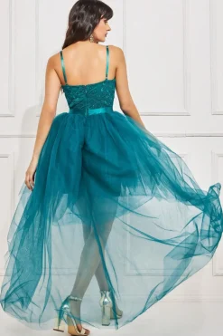 Midi Dresses^* High Low Tulle Midi With Lace Bodice Emerald