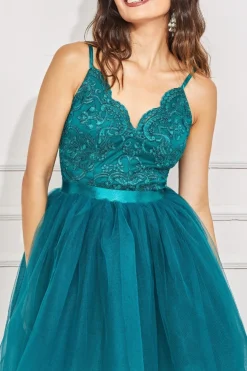 Midi Dresses^* High Low Tulle Midi With Lace Bodice Emerald