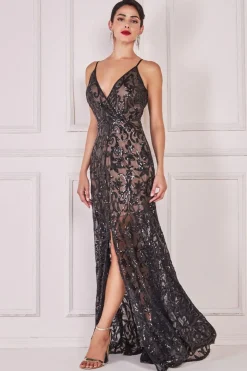 Maxi Dresses^* Iridescent Sequin Maxi With Front Split Black