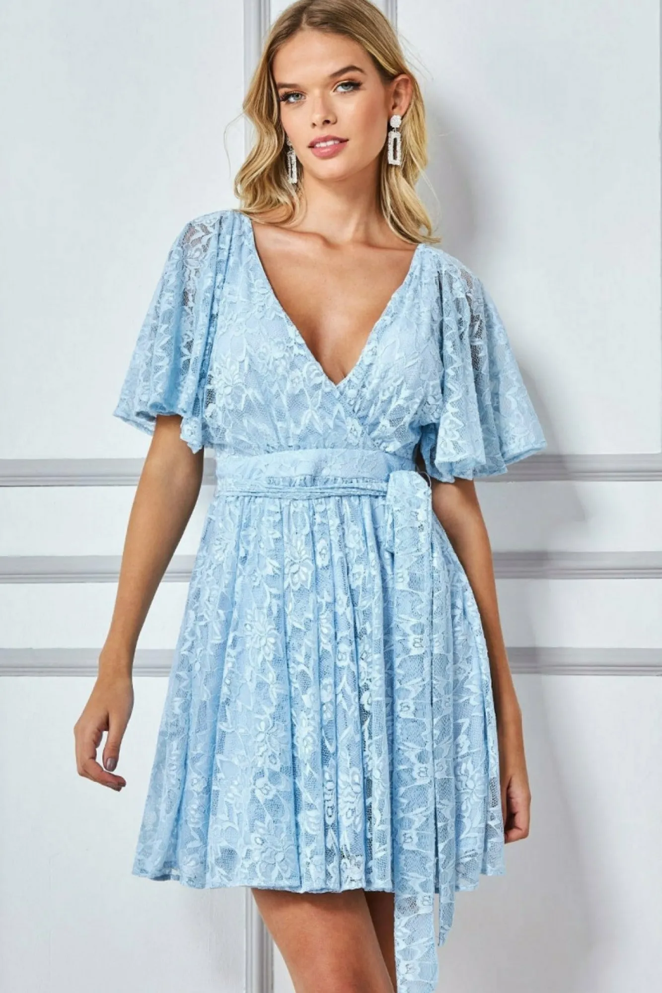 Mini Dresses^* Lace Kimono Wrap Skater Mini Dress - Powder Blue Powderblue