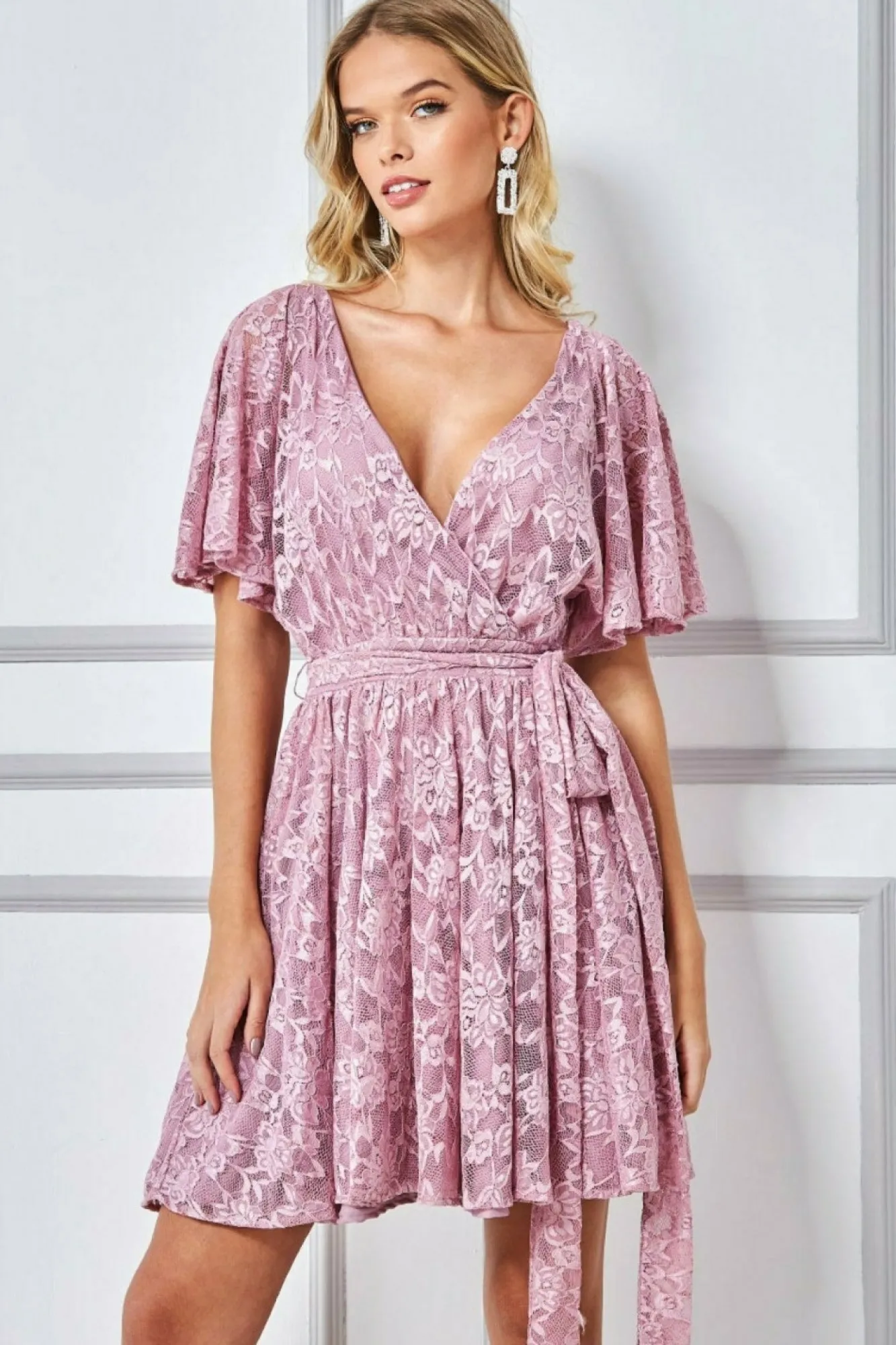 Mini Dresses^* Lace Kimono Wrap Skater Mini Dress Mauve
