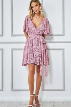 Mini Dresses^* Lace Kimono Wrap Skater Mini Dress Mauve