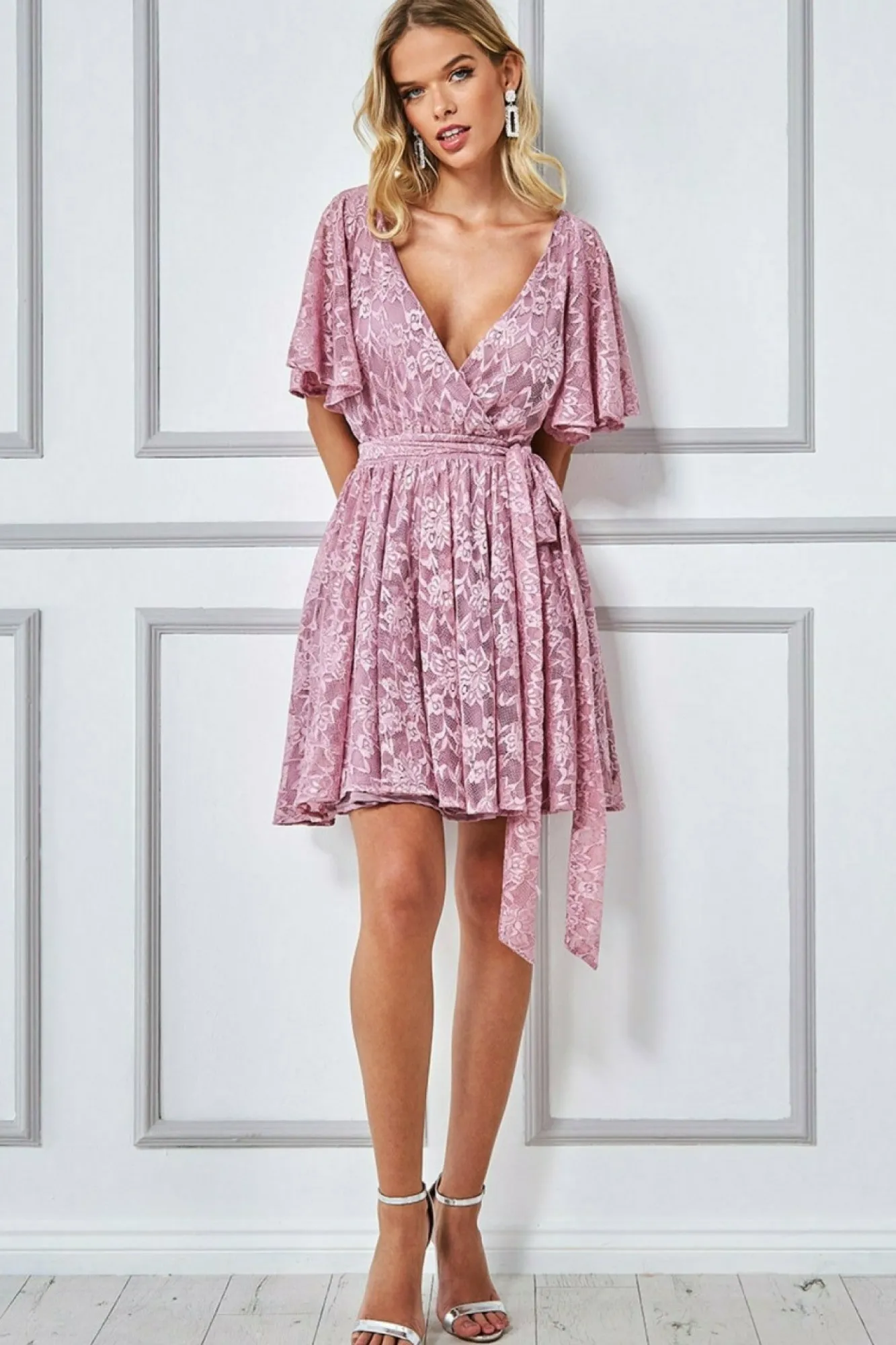 Mini Dresses^* Lace Kimono Wrap Skater Mini Dress Mauve