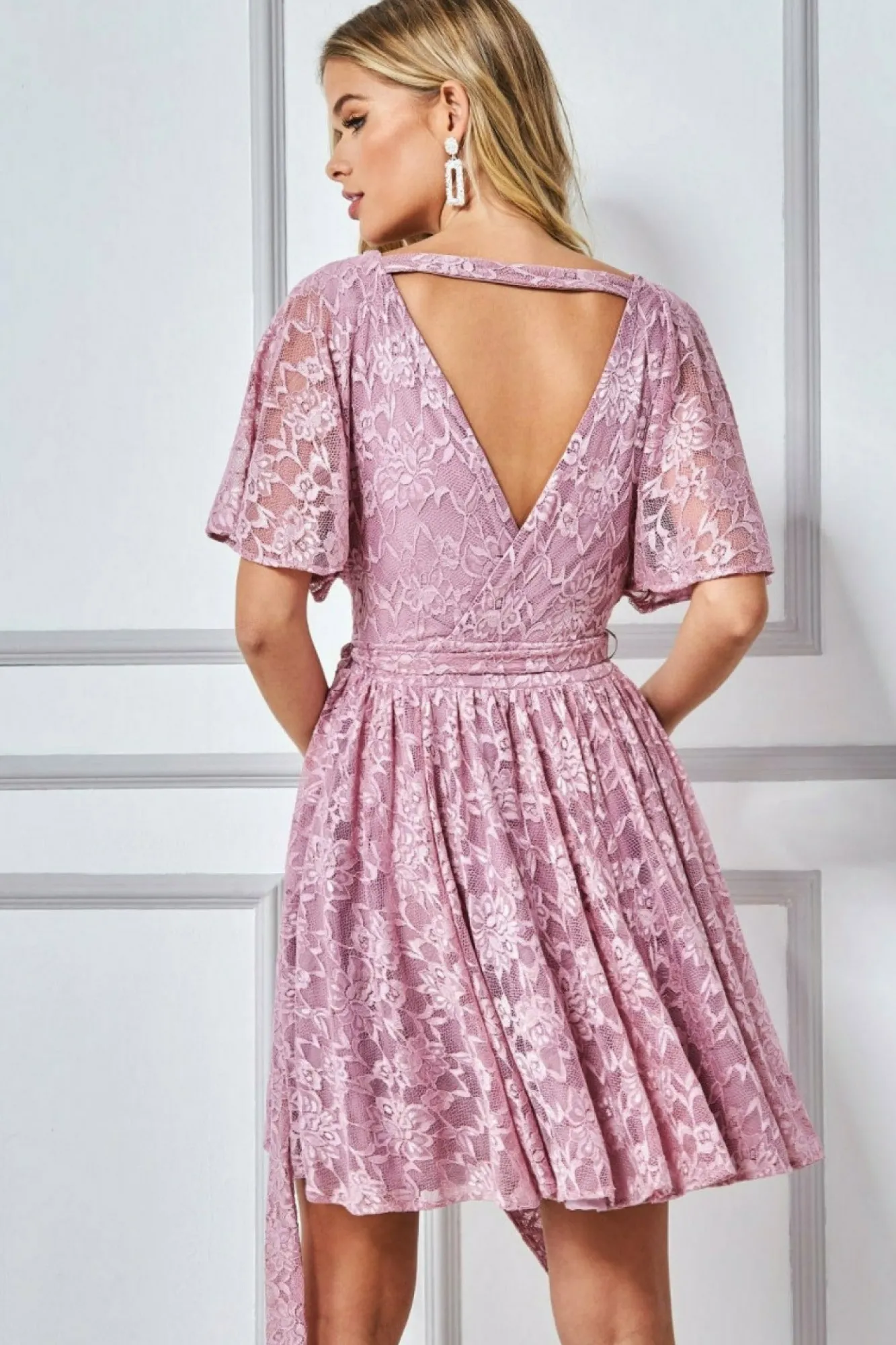 Mini Dresses^* Lace Kimono Wrap Skater Mini Dress Mauve