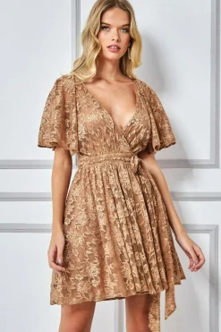 Mini Dresses^* Lace Kimono Wrap Skater Mini Dress Tan