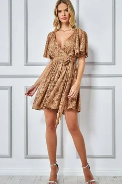 Mini Dresses^* Lace Kimono Wrap Skater Mini Dress Tan