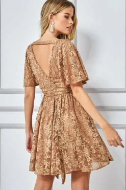 Mini Dresses^* Lace Kimono Wrap Skater Mini Dress Tan