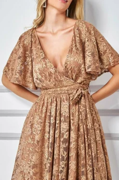 Mini Dresses^* Lace Kimono Wrap Skater Mini Dress Tan
