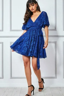 Mini Dresses^* Lace Kimono Wrap Skater Mini Dress - Royal Blue Royalblue
