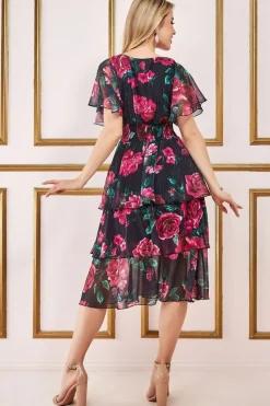 Midi Dresses^* Layered Floral Midi Flutter Sleeves Blackfloral