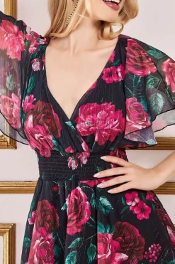 Midi Dresses^* Layered Floral Midi Flutter Sleeves Blackfloral