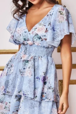 Midi Dresses^* Layered Floral Midi Flutter Sleeves Bluefloral