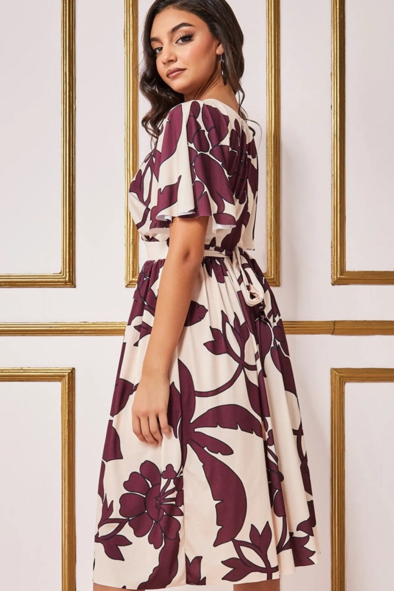 Midi Dresses^* Leaf Print Flutter Sleeve Midi Cream