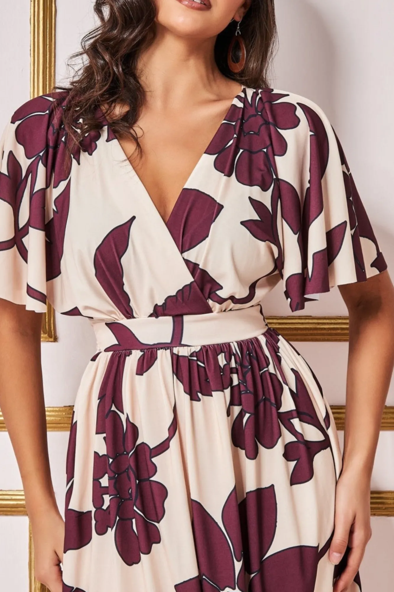 Midi Dresses^* Leaf Print Flutter Sleeve Midi Cream
