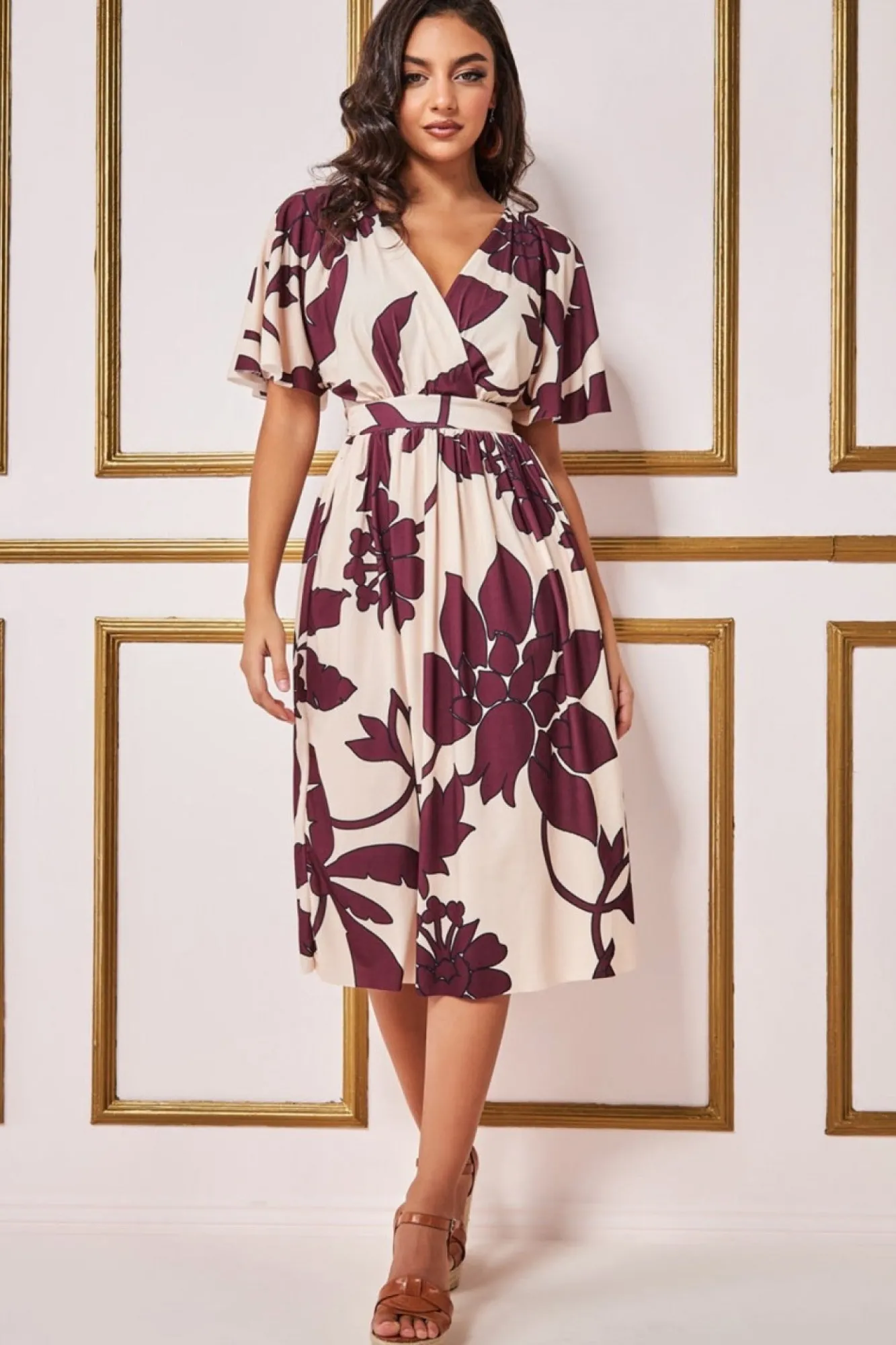 Midi Dresses^* Leaf Print Flutter Sleeve Midi Cream