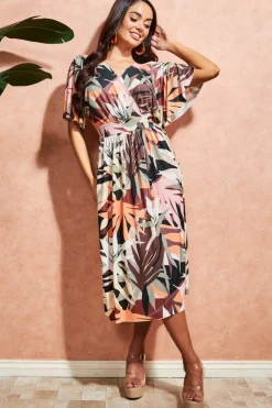 Midi Dresses^* Leaf Print Midi With Flutter Sleeves - Brown Print Brownprint