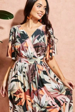 Midi Dresses^* Leaf Print Midi With Flutter Sleeves - Brown Print Brownprint