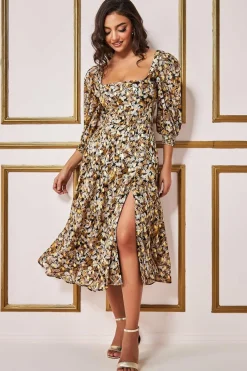 Midi Dresses^* Leaf Print Shirred Back Midi Dress - Leaf Print Leafprint